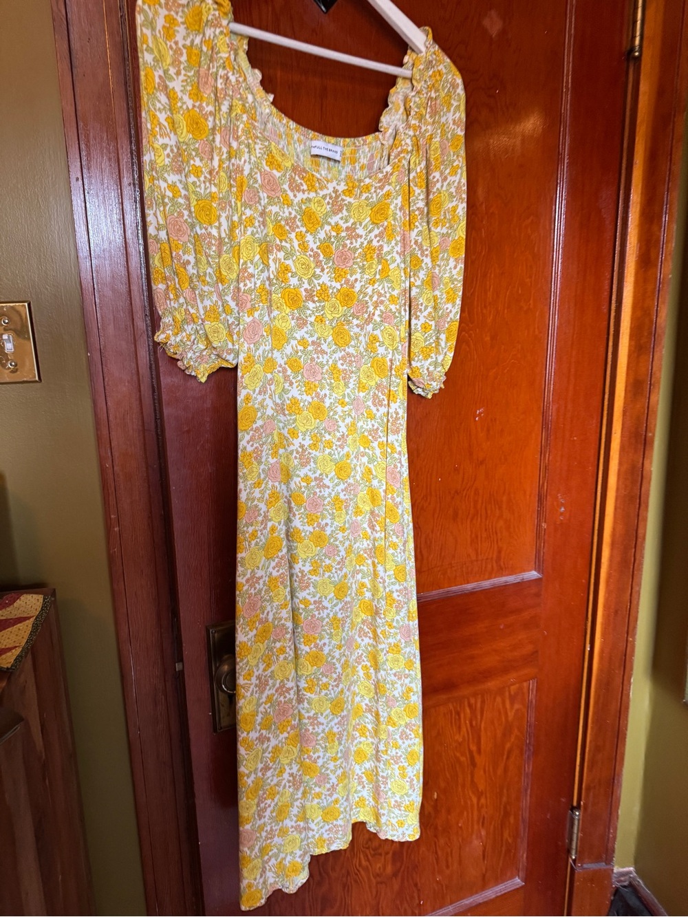 Faithfull the Brand Yellow Floral Midi Dress with Puff Sleeves